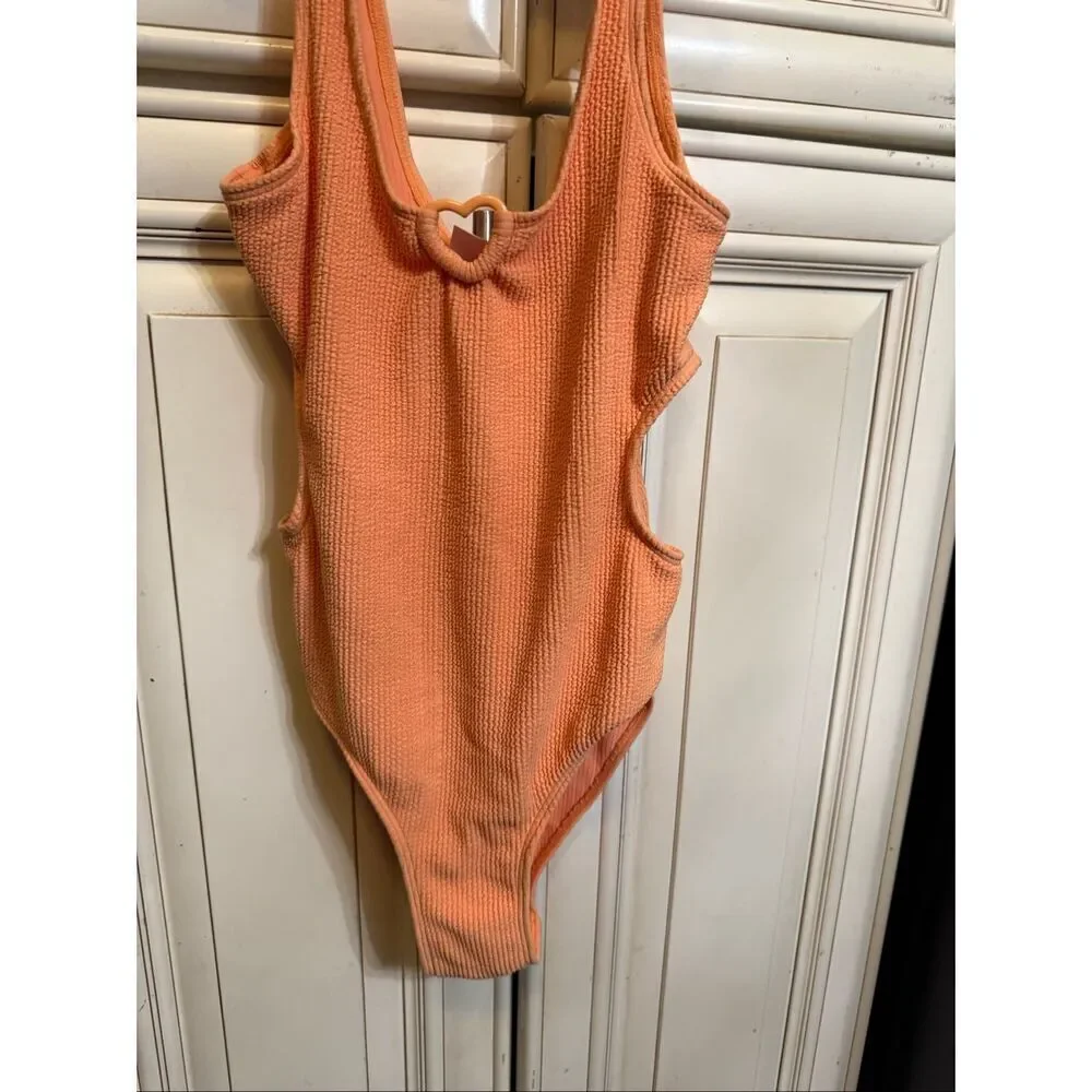 Zara Girls Crinkle Textured Cutout Side One-Piece Swimsuit Orange Size 11-12